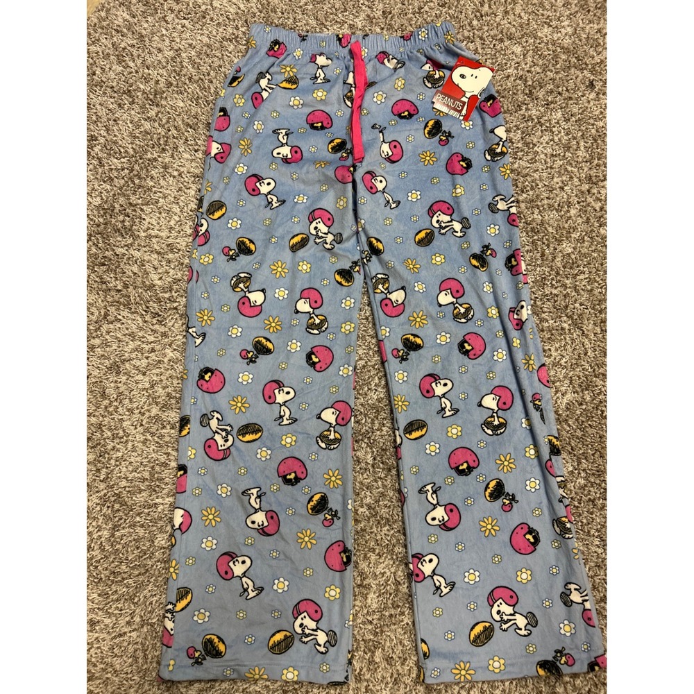 Peanuts Snoopy Plush Fleece Pajama Pants Blue Pink Helmet Daisy NWT